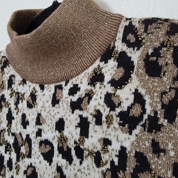Lisa Originals Animal Print Gold Black Cream Beaded Knitted Blouse Top Sz L - Picture 3 of 14